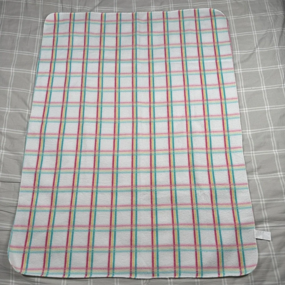 Vtg Luv n' care Fleece Baby Blanket Plaid Pink Yellow Teal White 2002 RN06705